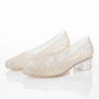 Ivory glitter slip-on pumps with block heel and pointed toe