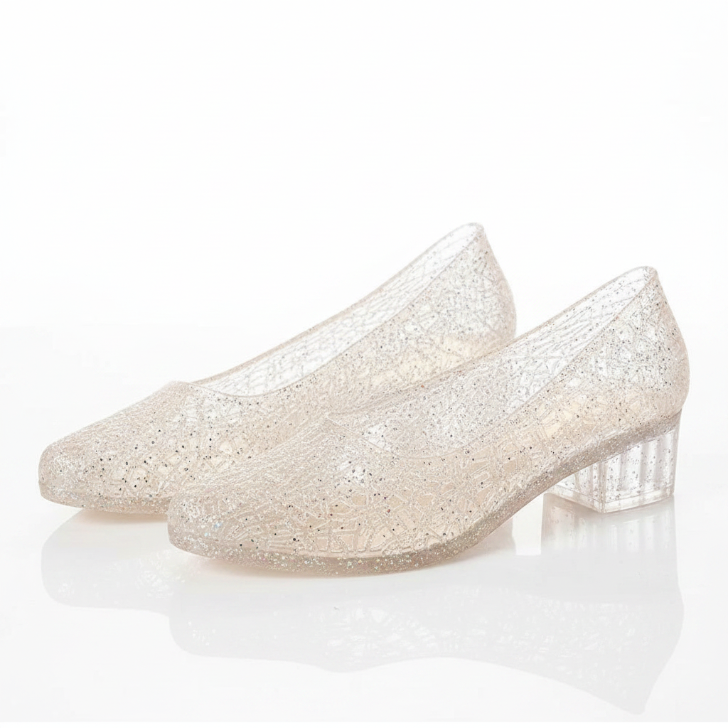Ivory glitter slip-on pumps with block heel and pointed toe