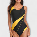 One-piece swimsuit with scoop neck, black base and yellow diagonal stripe, high-leg cut.
