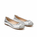 Silver glitter square-toe ballet flats with bow ties and low flat sole