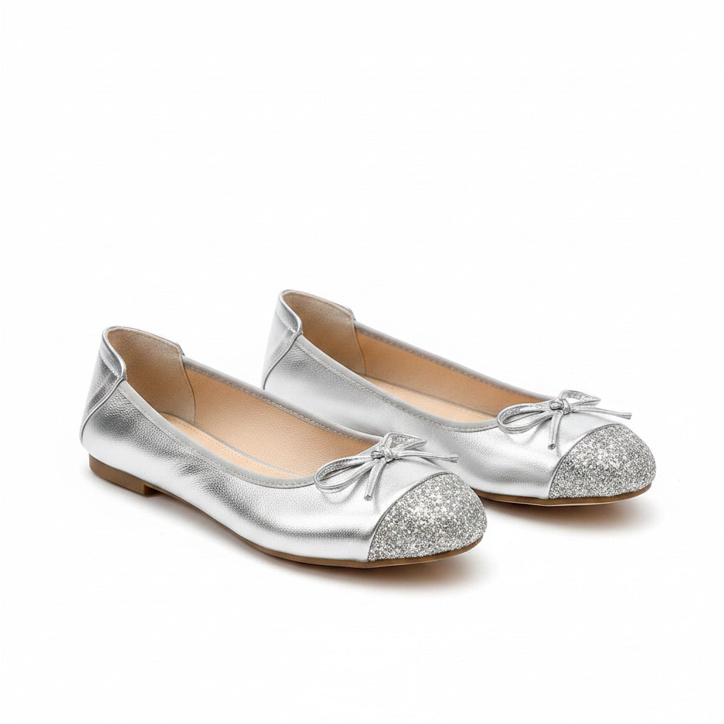 Silver glitter square-toe ballet flats with bow ties and low flat sole
