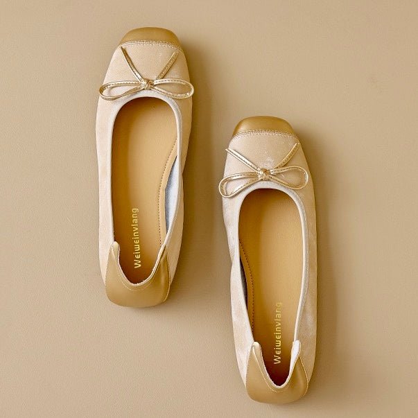 Metallic gold square-toe ballet flats with bow ties and low flat sole