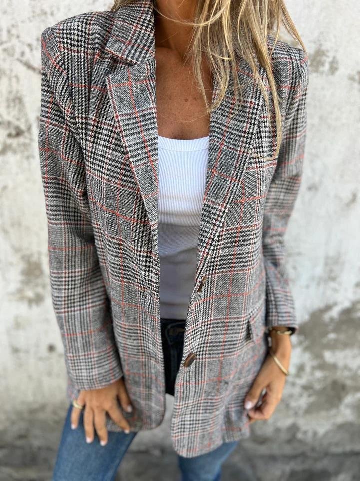 Checked coat blazer with notch lapels, long sleeves, black-gray plaid with red lines