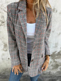 Checked coat blazer with notch lapels, long sleeves, black-gray plaid with red lines