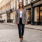 Women's tailored check coat with lapels, front buttons, long sleeves