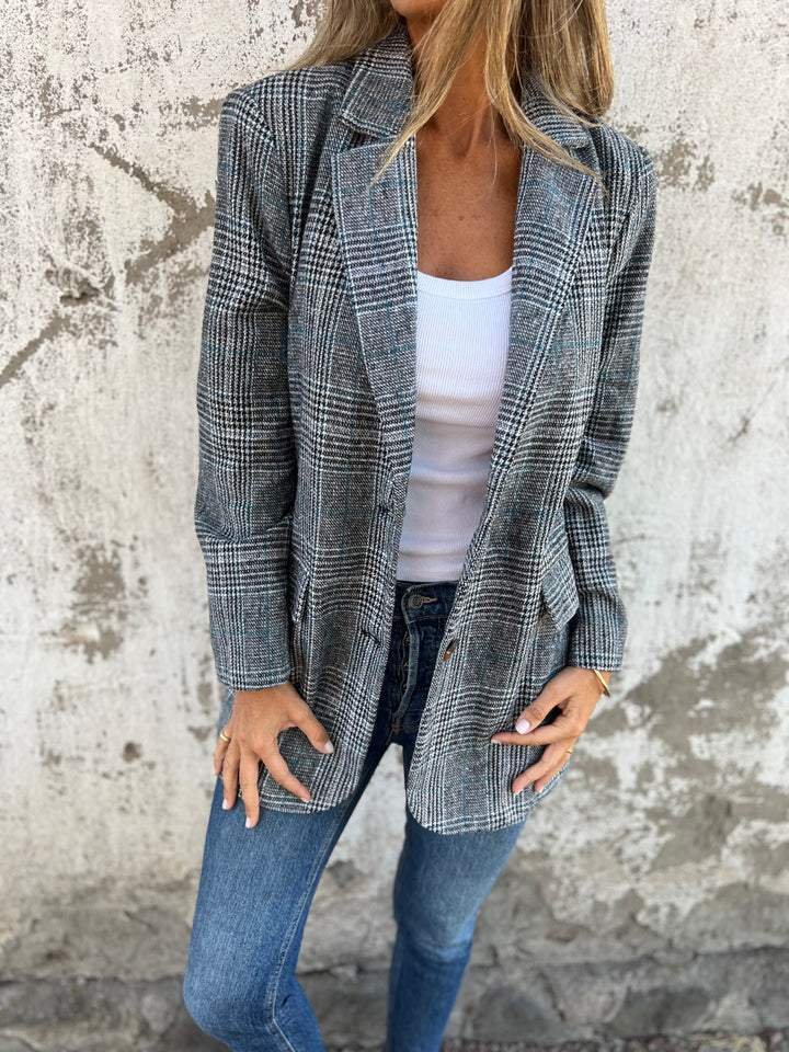 Plaid checked blazer coat with notch lapels, long sleeves, open front over a white tank