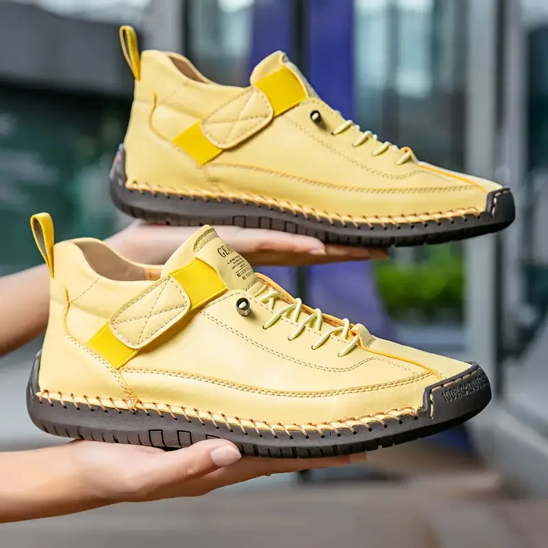 Women's yellow cushioned leather lace-up sneakers with high-top ankle strap