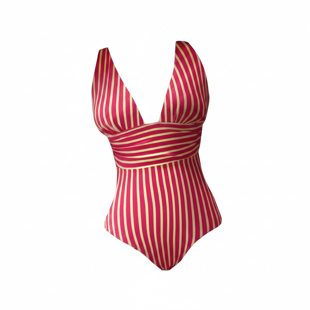 Women's striped deep V-neck one-piece swimsuit, red/yellow vertical stripes, wrap