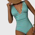 Women's striped deep V-neck one-piece swimsuit, green wrap waist ruching