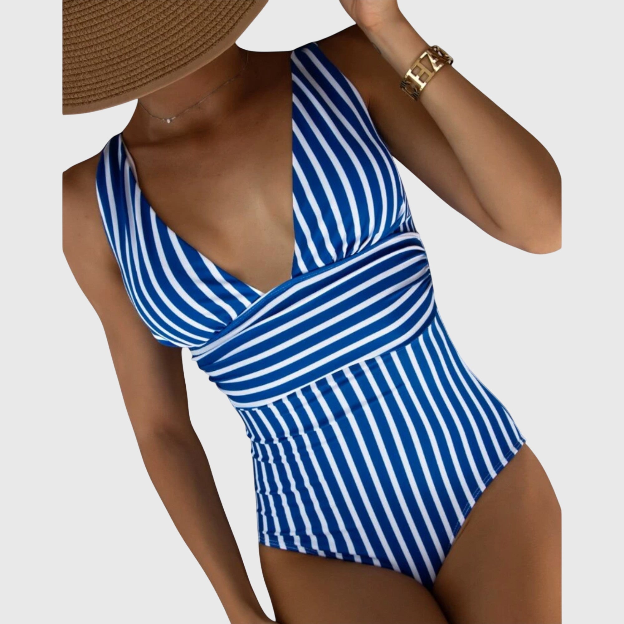 Women’s striped deep V-neck one-piece swimsuit in navy and white vertical stripes