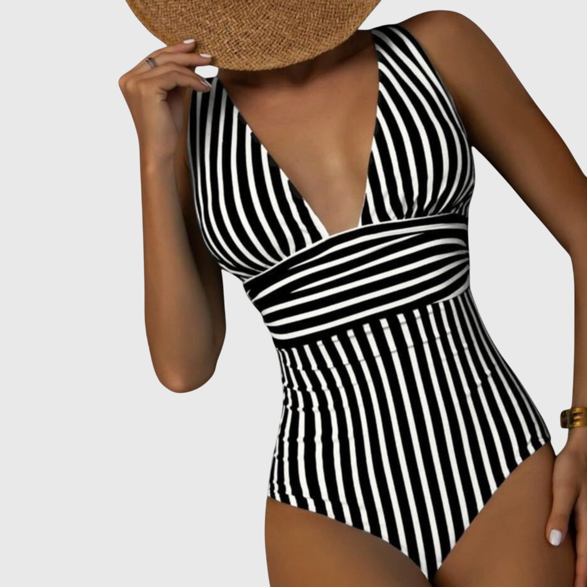 Women's striped deep V-neck one-piece swimsuit, black/white, wrap waist ruching