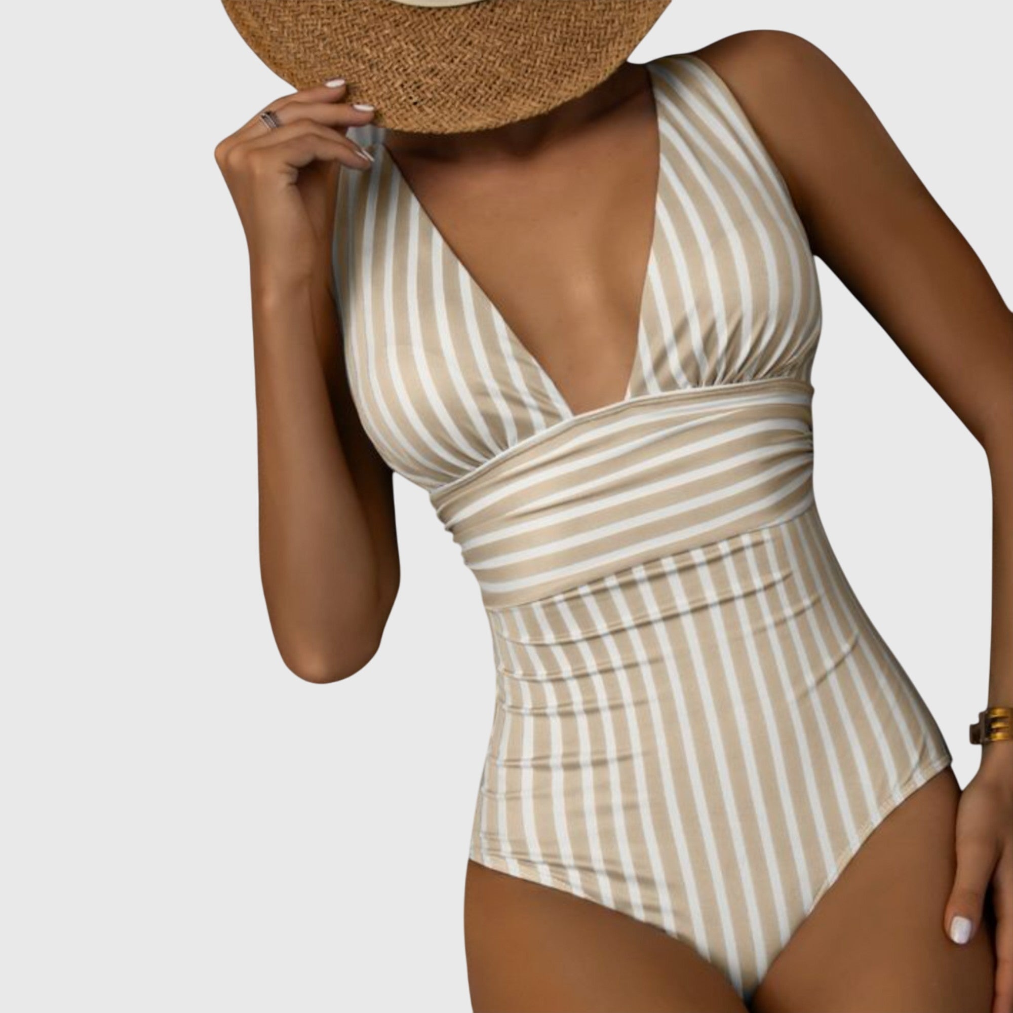 Women's striped deep V-neck one-piece swimsuit, cream wrap waist ruching