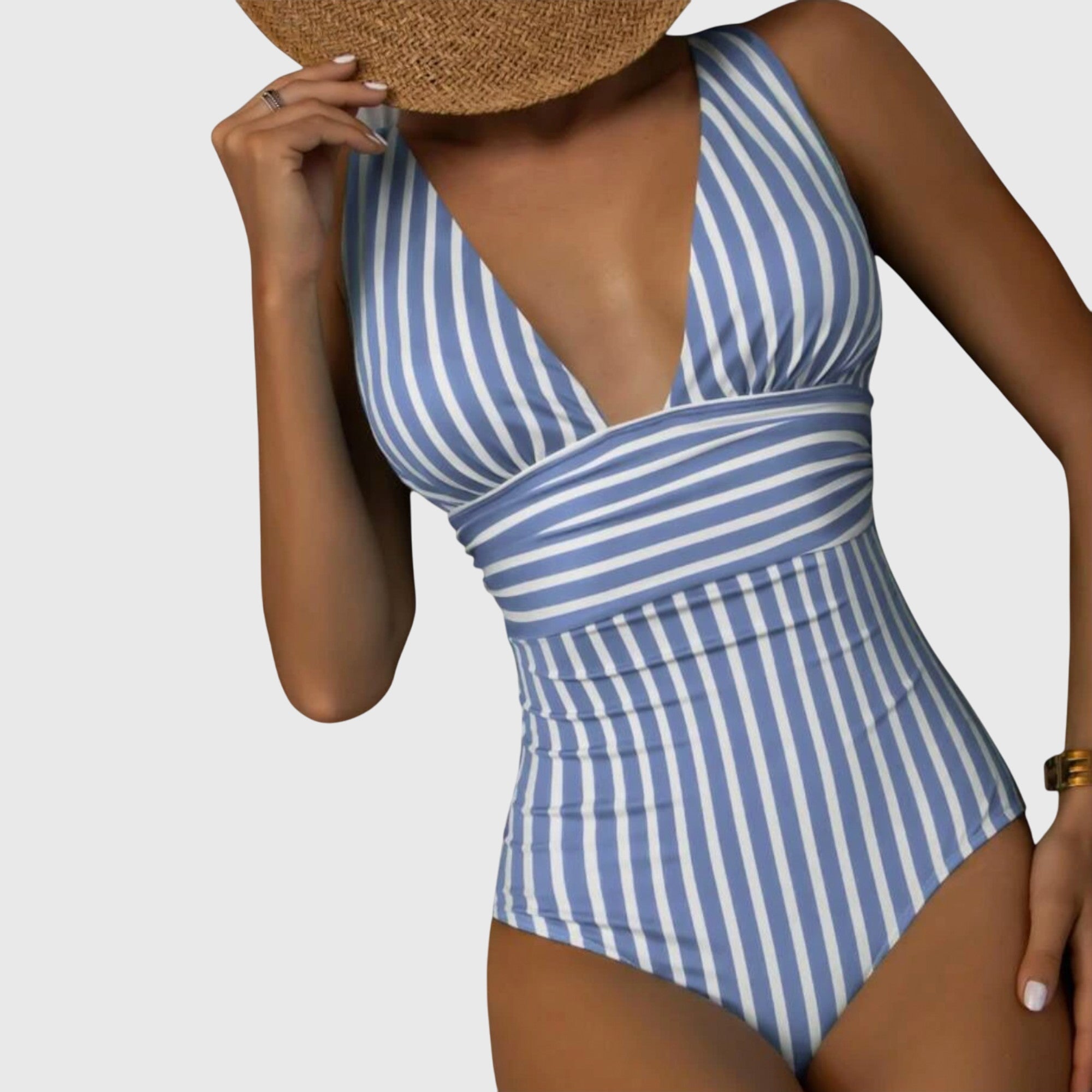 Women’s striped deep V-neck one-piece swimsuit in light blue and white vertical stripes