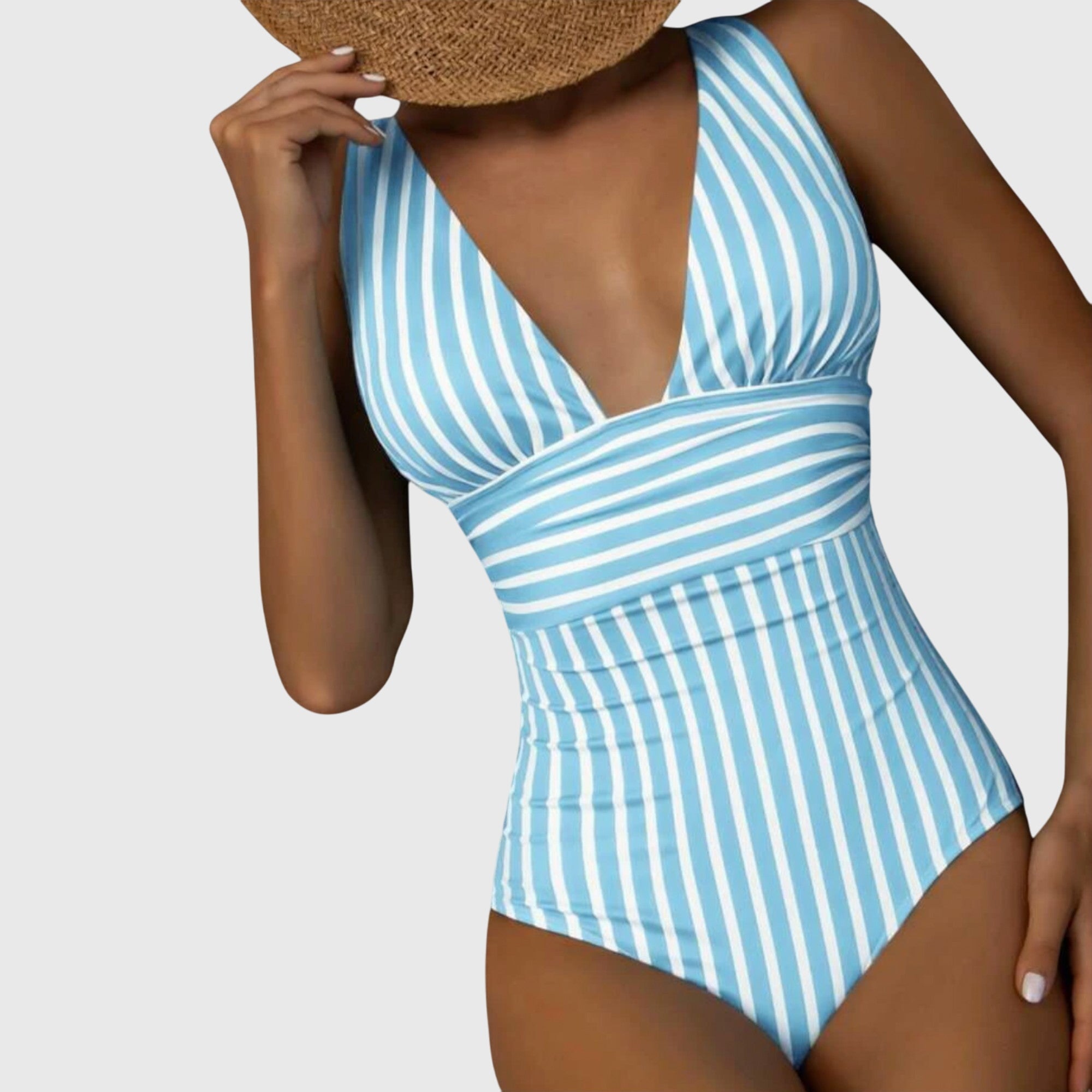 Women’s striped deep V-neck one-piece swimsuit in light teal and white vertical stripes