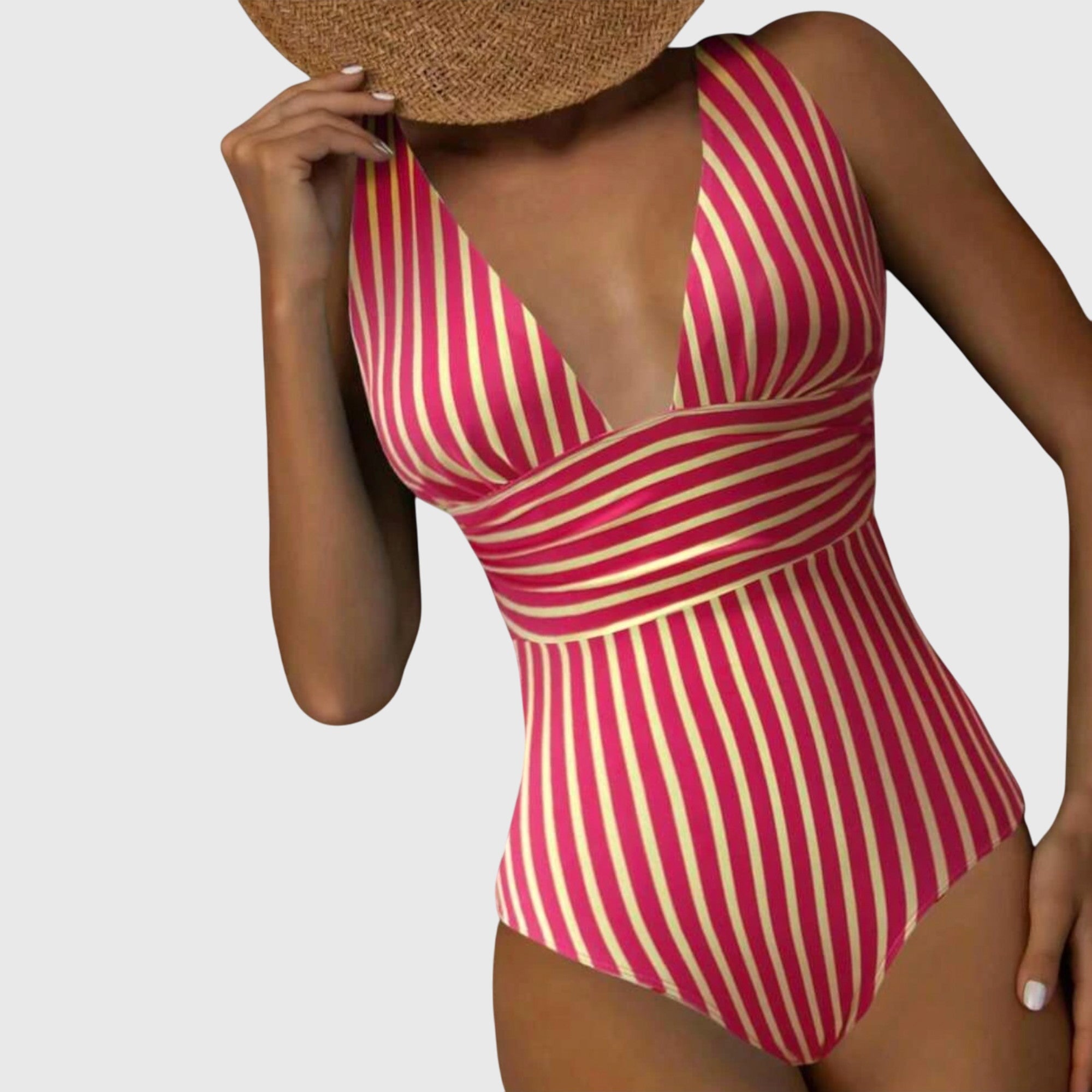 Women’s striped deep V-neck one-piece swimsuit in dark pink and gold vertical stripes