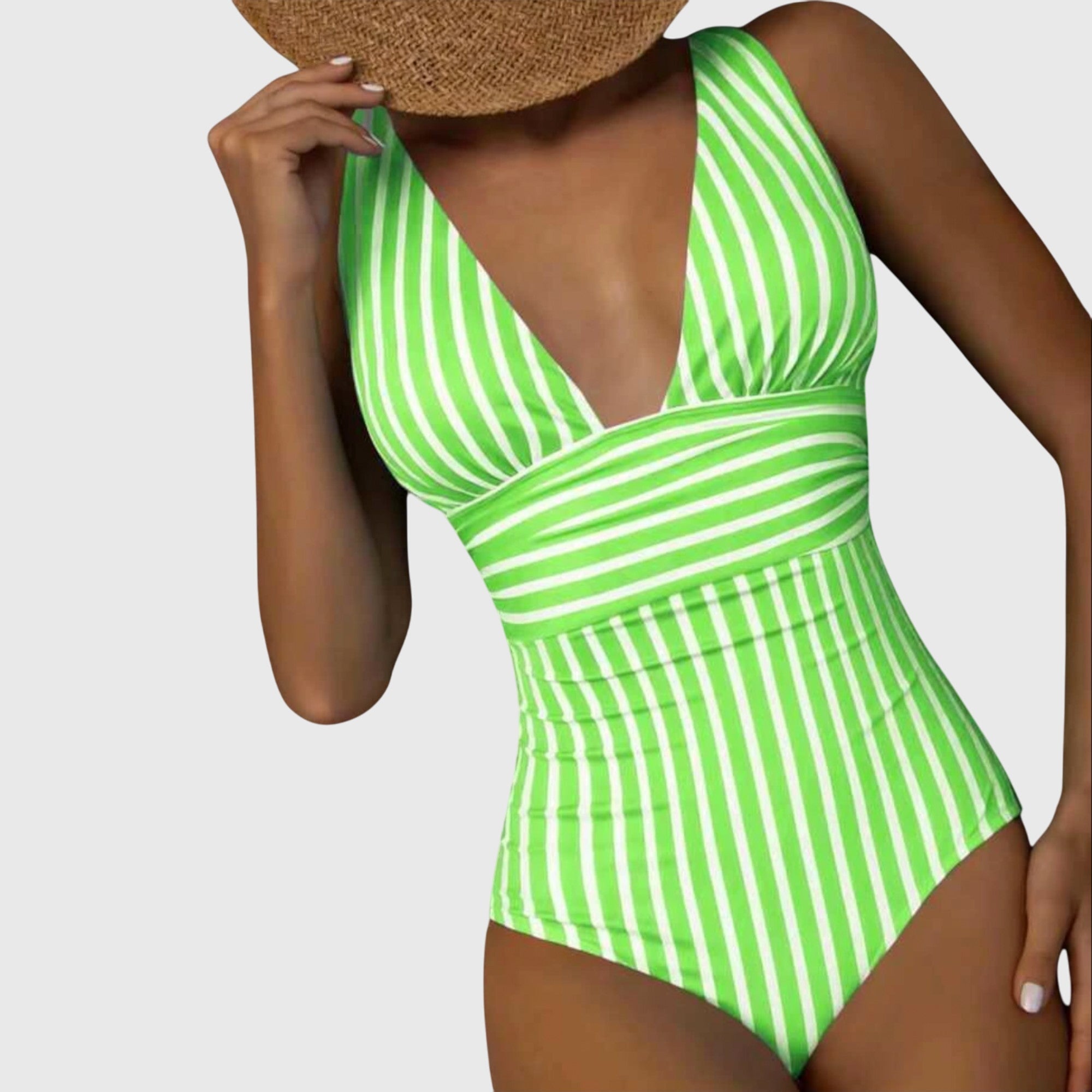 Women’s striped deep V-neck one-piece swimsuit in bright green and white vertical stripes