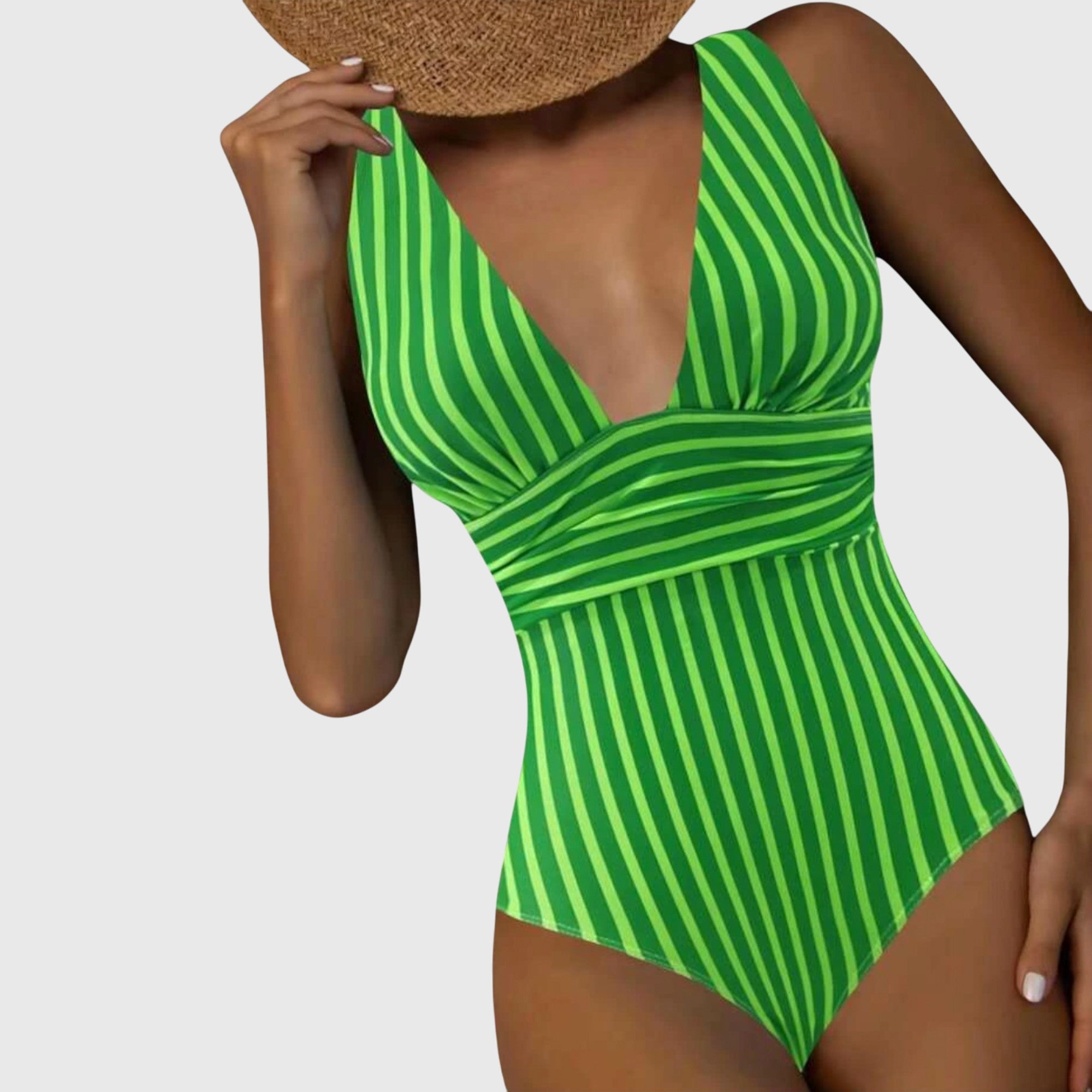 Women’s striped deep V-neck one-piece swimsuit in vivid green with darker green vertical stripes