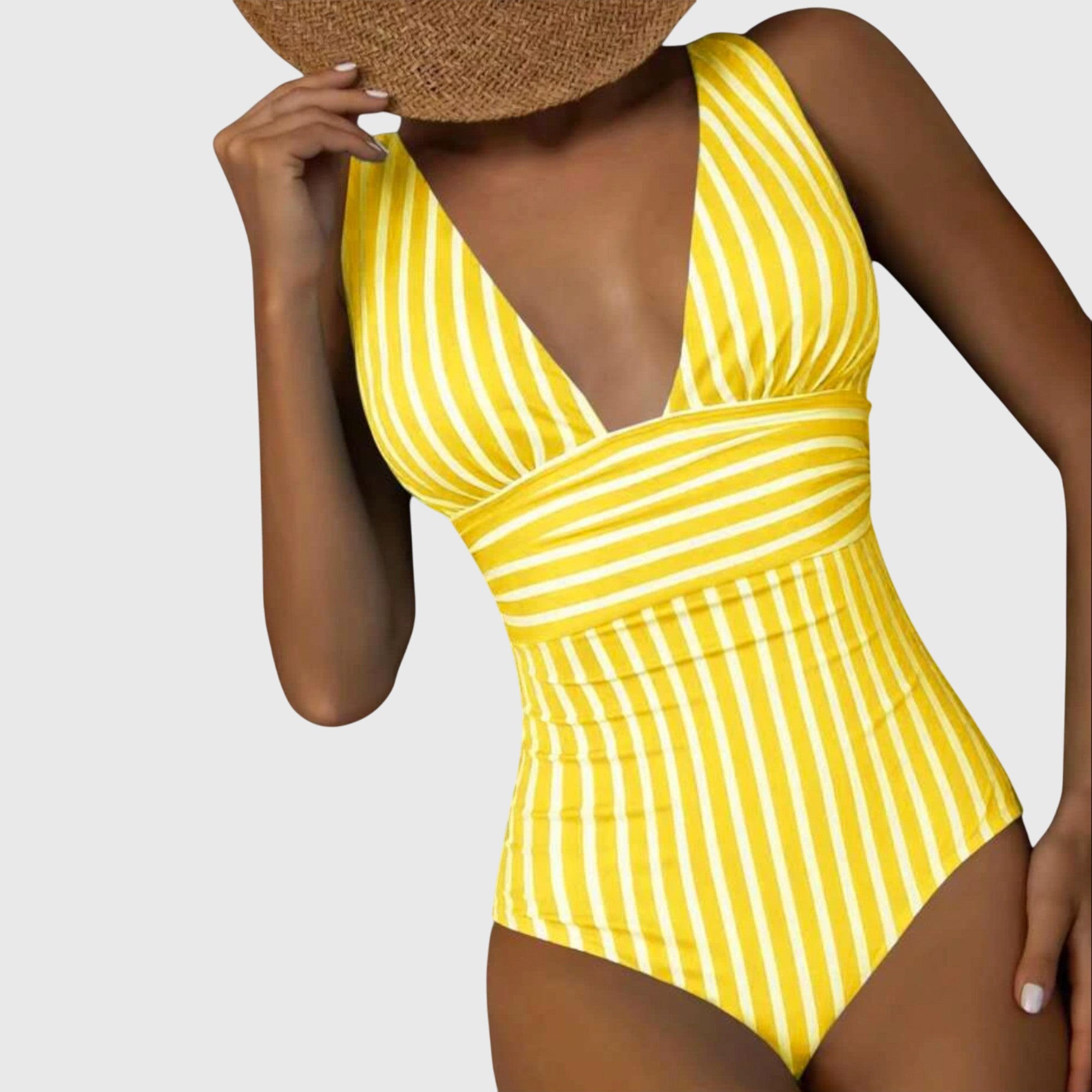 Women’s striped deep V-neck one-piece swimsuit in yellow and white vertical stripes
