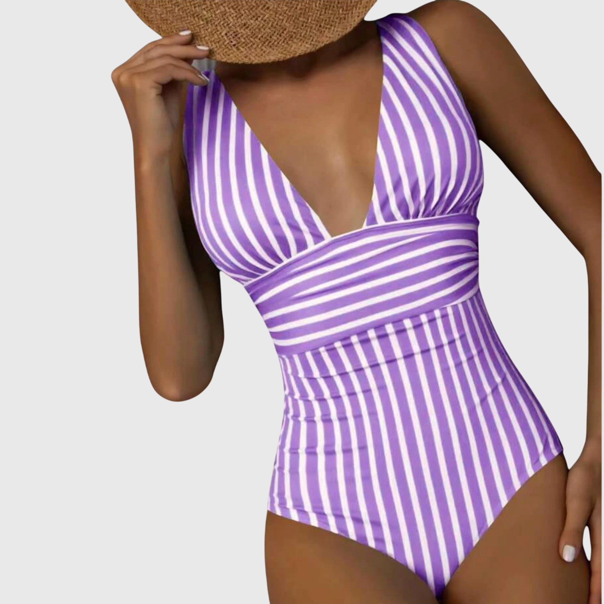 Women’s striped deep V-neck one-piece swimsuit in lavender and white vertical stripes