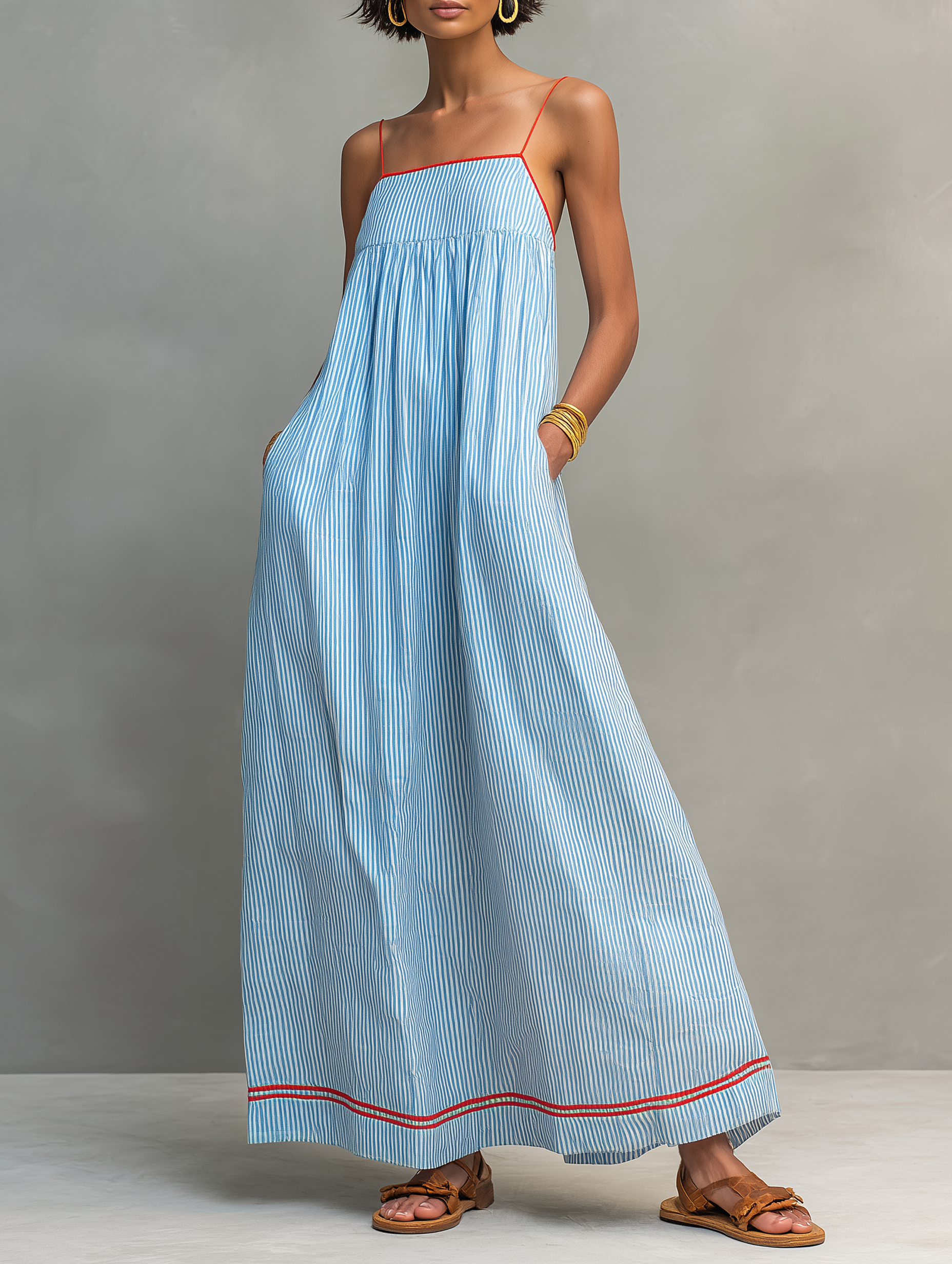 Blue striped maxi dress with spaghetti straps, gathered bodice, and red-trim hem