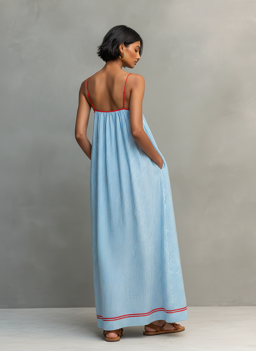 Blue striped maxi dress with spaghetti straps, gathered waist, and red-trim hem