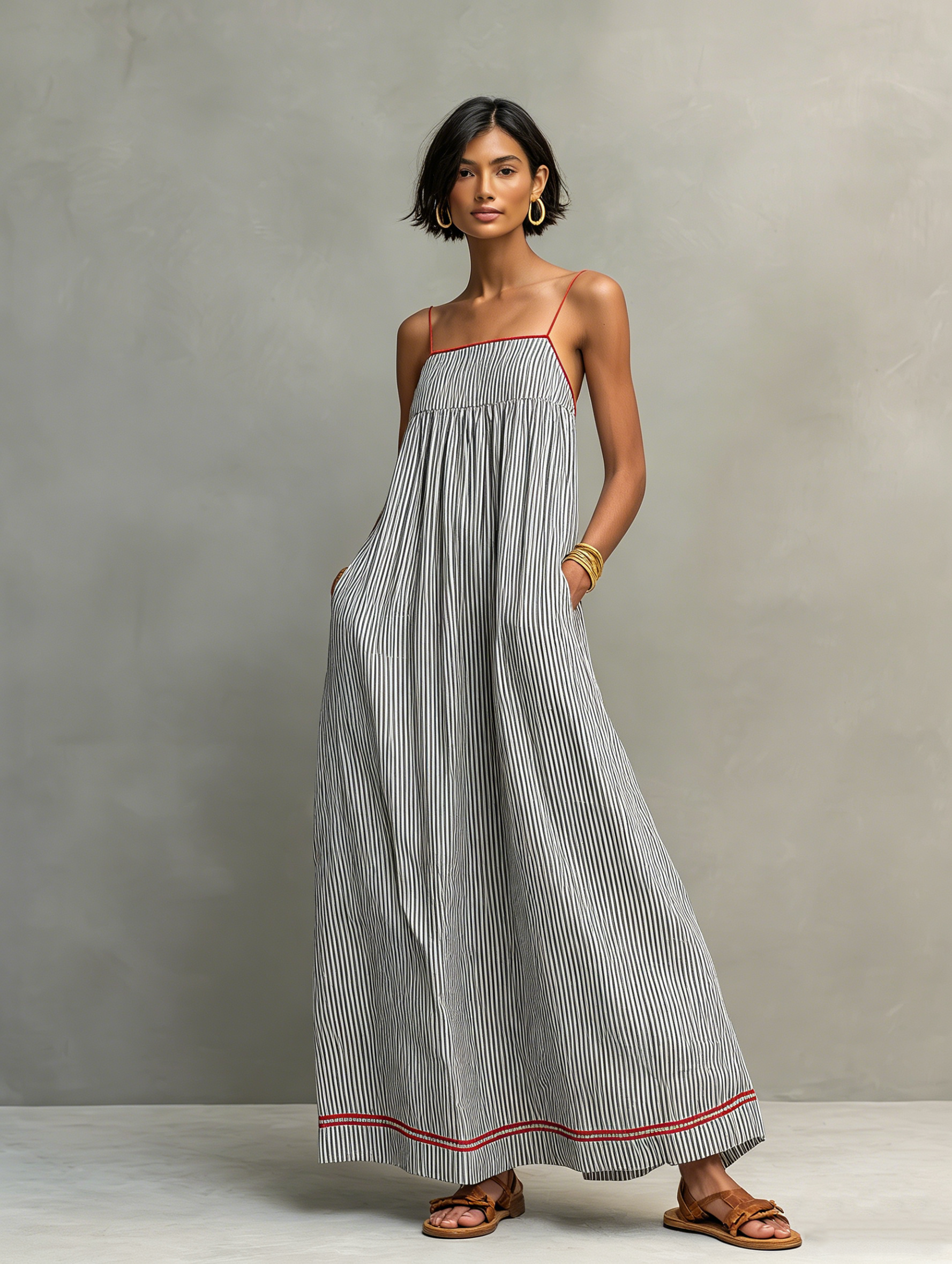 Gray striped spaghetti-strap maxi dress with gathered bodice and red-trim hem