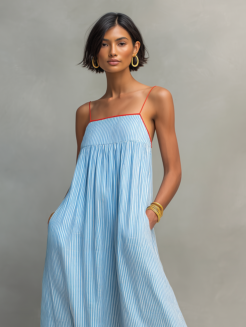Blue striped maxi dress with spaghetti straps, gathered bodice, and contrast red edge
