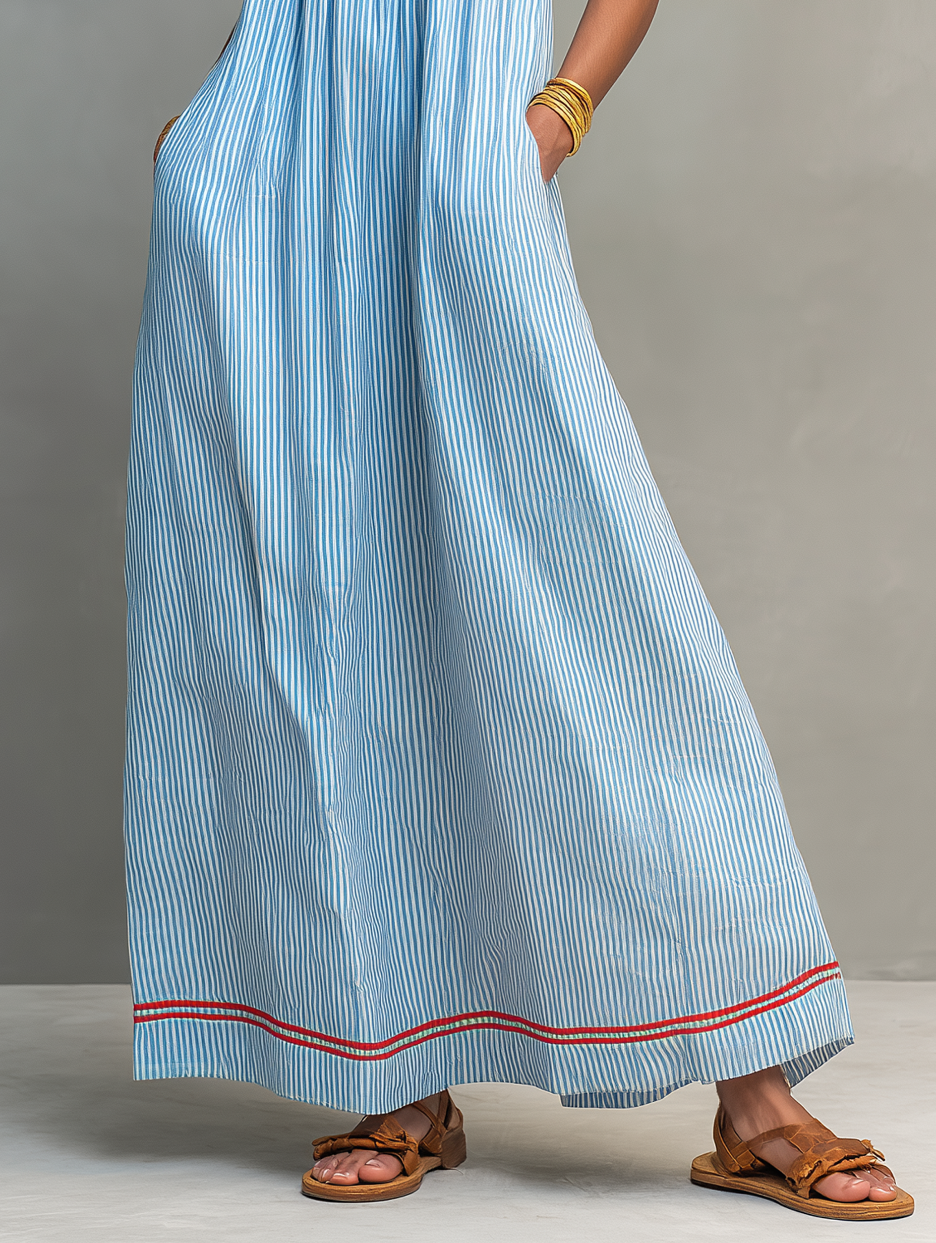 Blue striped maxi dress close-up: gathered skirt and red-trim border at hem