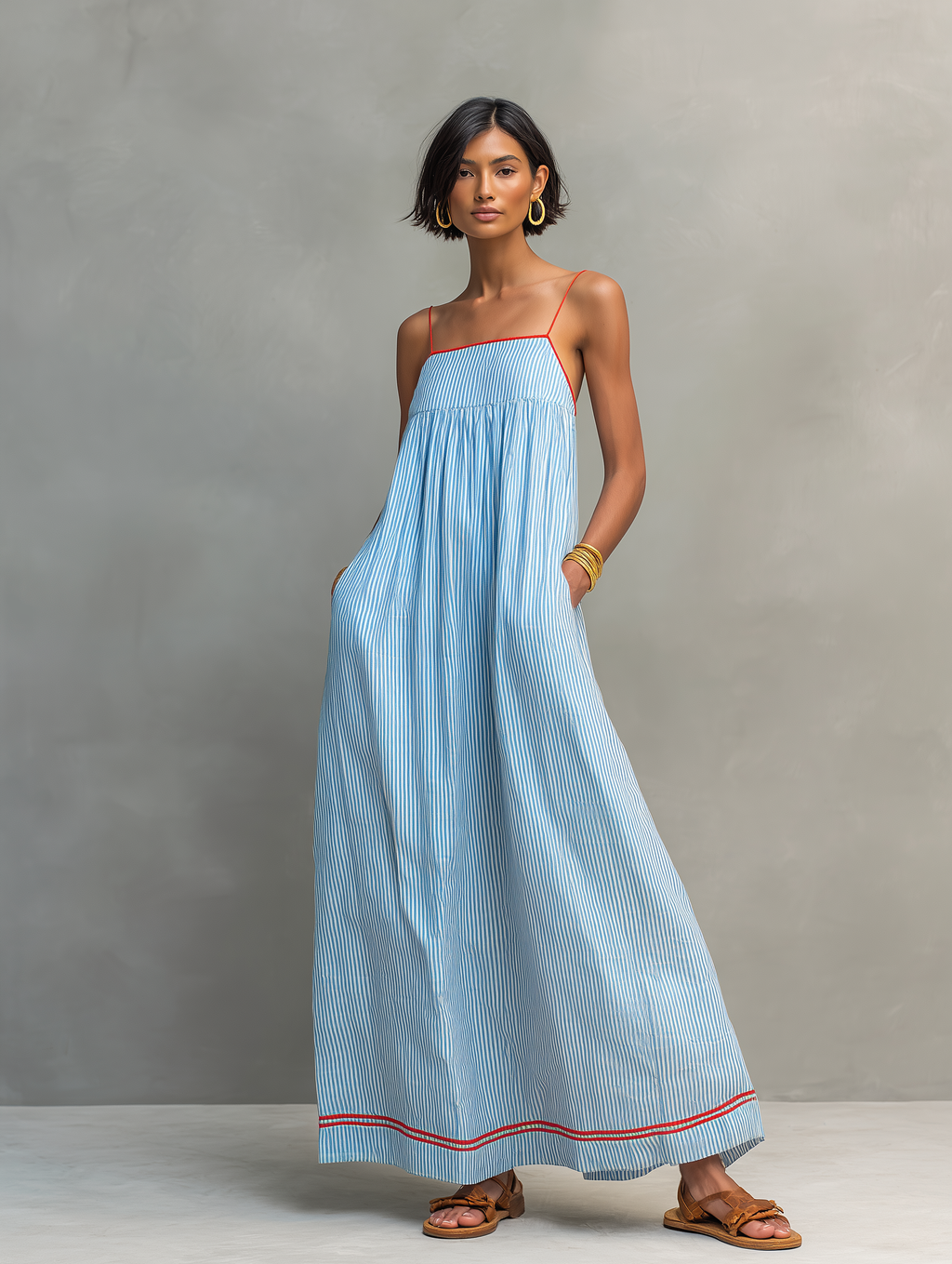 Blue striped maxi dress with spaghetti straps, gathered bodice, and red-trim border hem
