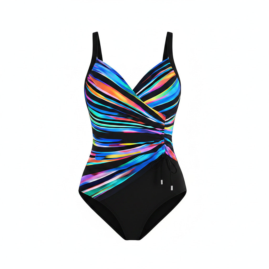 One-piece multicolor striped wrap swimsuit with black base and side tie detail