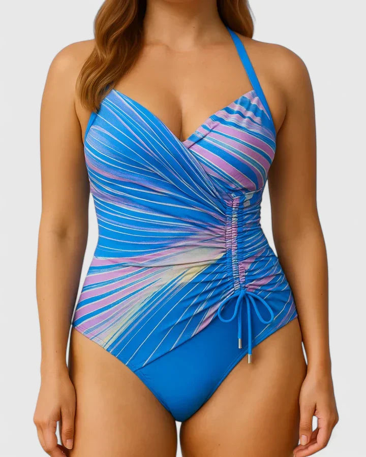 One-piece striped wrap swimsuit in blue and pink with ruched waist and side tie