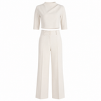 Women's tailored matching set: white mock-neck cropped top with high-waist straight trousers