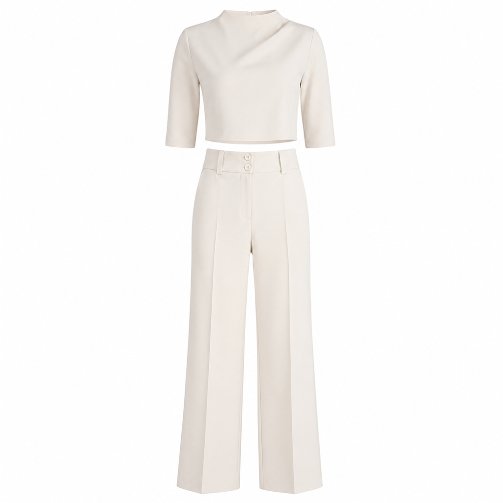 Women's tailored matching set: white mock-neck cropped top with high-waist straight trousers