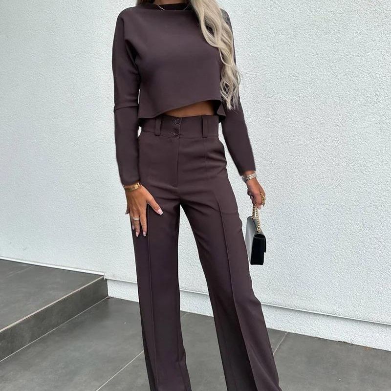 Brown matching cropped top and high-waist wide-leg trousers with belt loops and side pockets