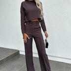 Brown matching cropped top and high-waist wide-leg trousers with belt loops and side pockets