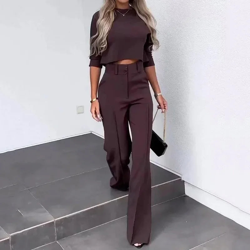 Brown matching cropped top and high-waist wide-leg trouser set with button front and pockets