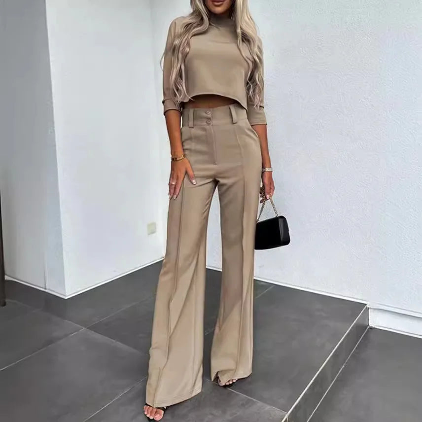 Khaki matching cropped top and high-waist wide-leg trousers with belt loops and front buttons