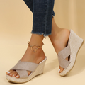 Women's wedge sandal in taupe with crisscross strap and gold ring detail