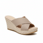 Wedge sandal with beige textured platform and wide crossover strap