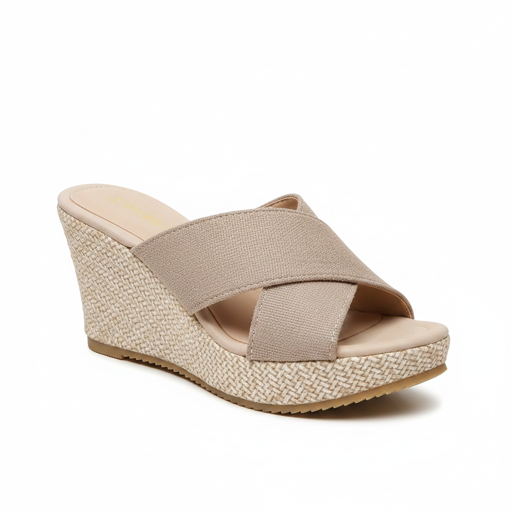 Wedge sandal with beige textured platform and wide crossover strap