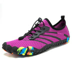 Purple knit water-resistant barefoot shoes with lace-up straps and grippy rubber sole