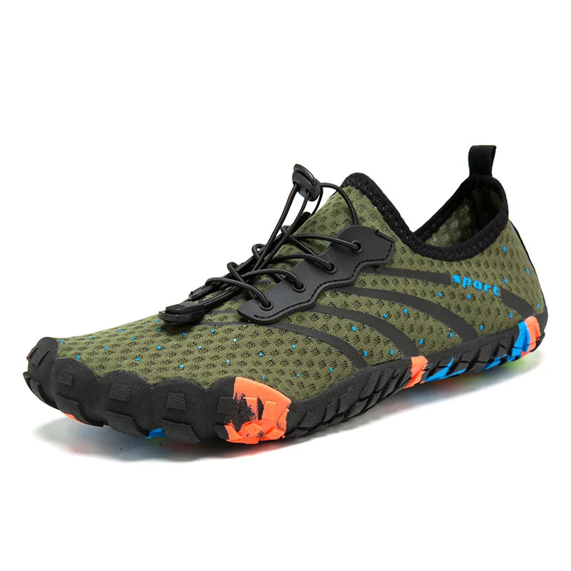 Green knit barefoot shoes with lace-up front, padded collar, and non-slip rubber sole