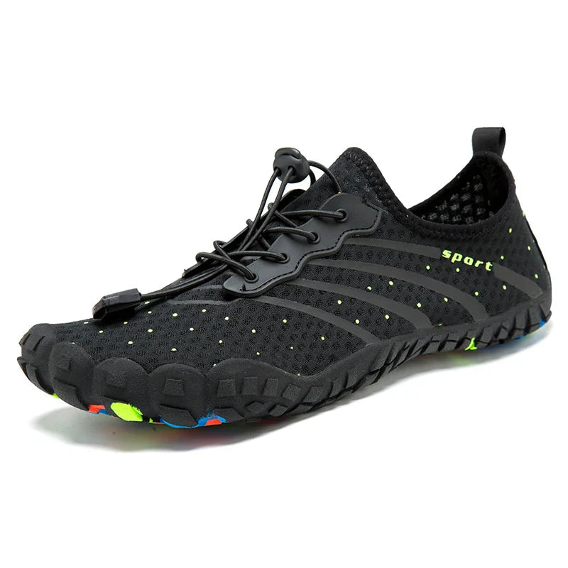 Black knit barefoot shoes with lace-up front, cushioned collar, and textured rubber sole