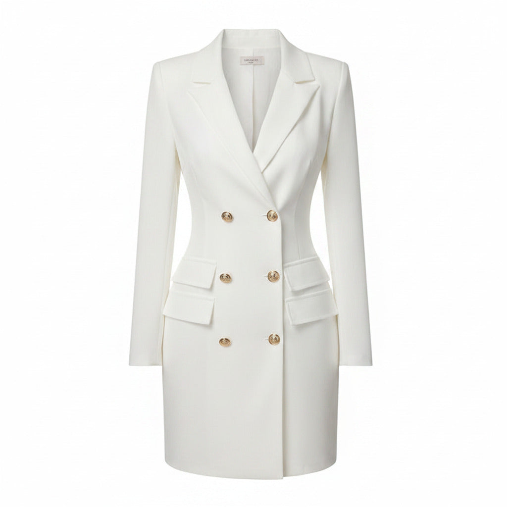 White double-breasted blazer dress with notched lapels and long sleeves, patch pockets