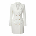 White double-breasted blazer dress with notched lapels and long sleeves, patch pockets