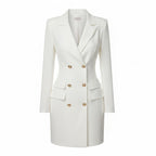 White double-breasted blazer dress with notched lapels and long sleeves, patch pockets