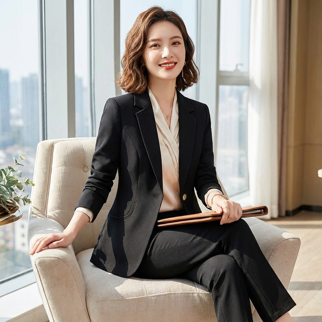 Women's black notched-collar blazer with long sleeves, single-button front, flap pockets