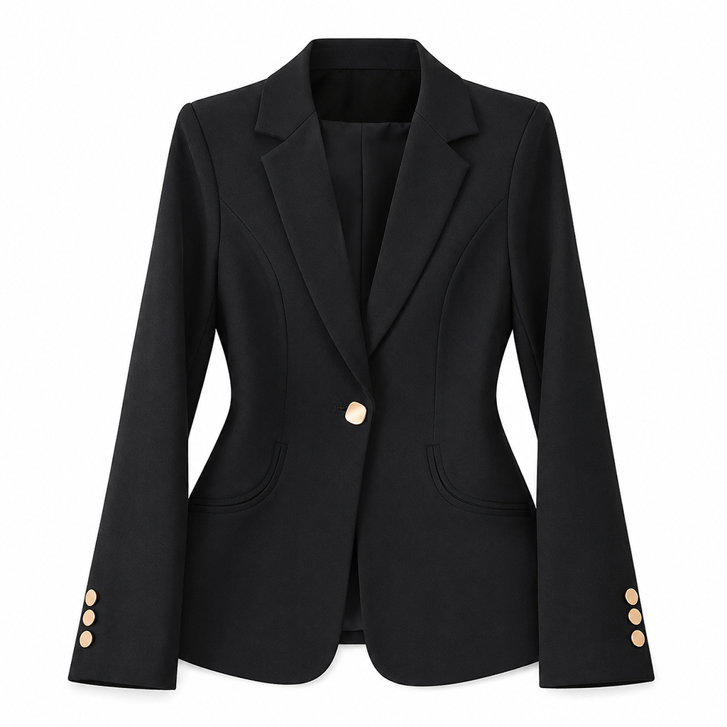 Women's black notched-collar blazer with single-button front, flap pockets, and gold cuff buttons