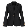 Women's black notched-collar blazer with single-button front, flap pockets, and gold cuff buttons
