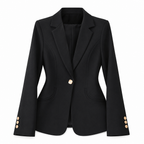 Women's black notched-collar blazer with single-button front, flap pockets, and gold cuff buttons